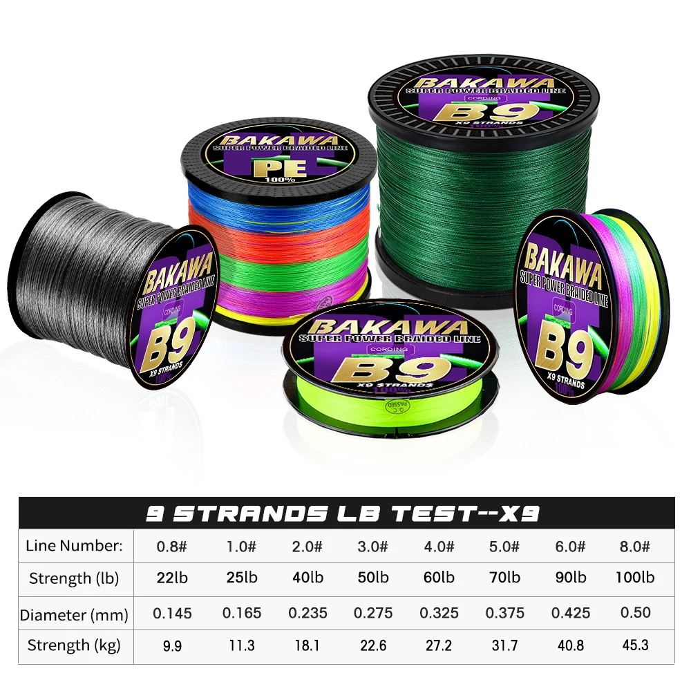 BAKAWA 9 Strands 300M 500M 1000M Multifilament PE Braided Fishing Line 22-100LB Super Strong Smooth Durable Carp Seawater Pesca