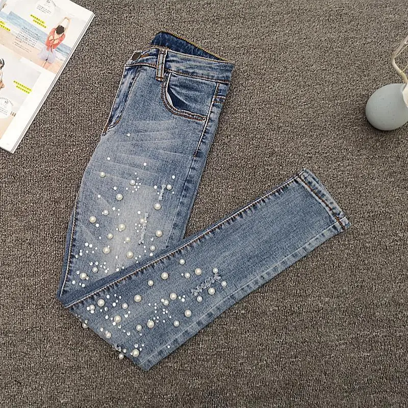 European Station Nail Bead Jeans Women\'s Spring and Summer Versatile Perforated Elastic Slimming Tight Fitting Cropped Pants