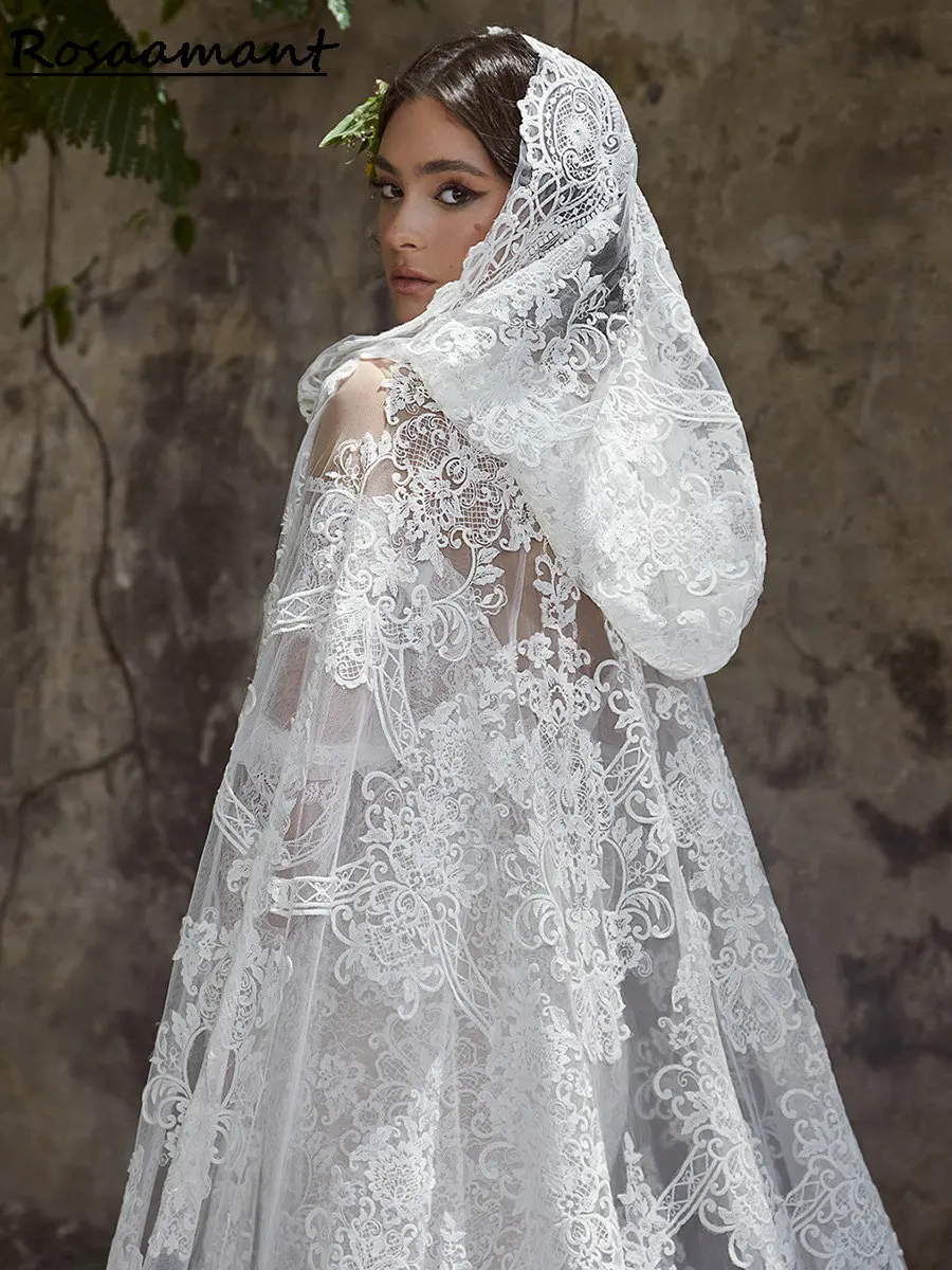 2025 Tulle applique renda pernikahan Cape dengan topi lantai panjang syal pengantin