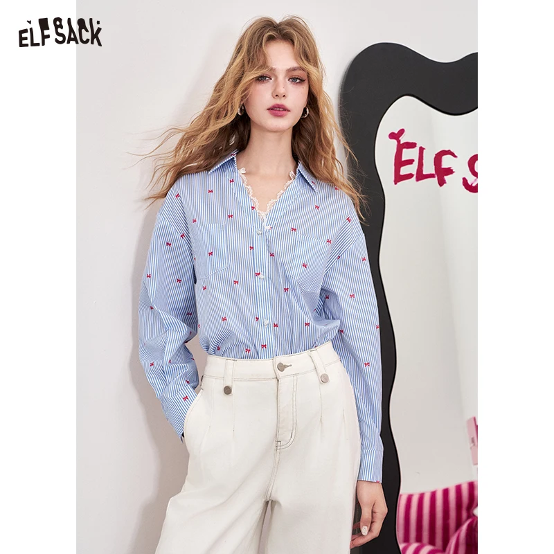 ELFSACK 2025 Summer New Arrivals Lace Patchwork V-Neck Blue Striped Long Sleeved Shirt For Women