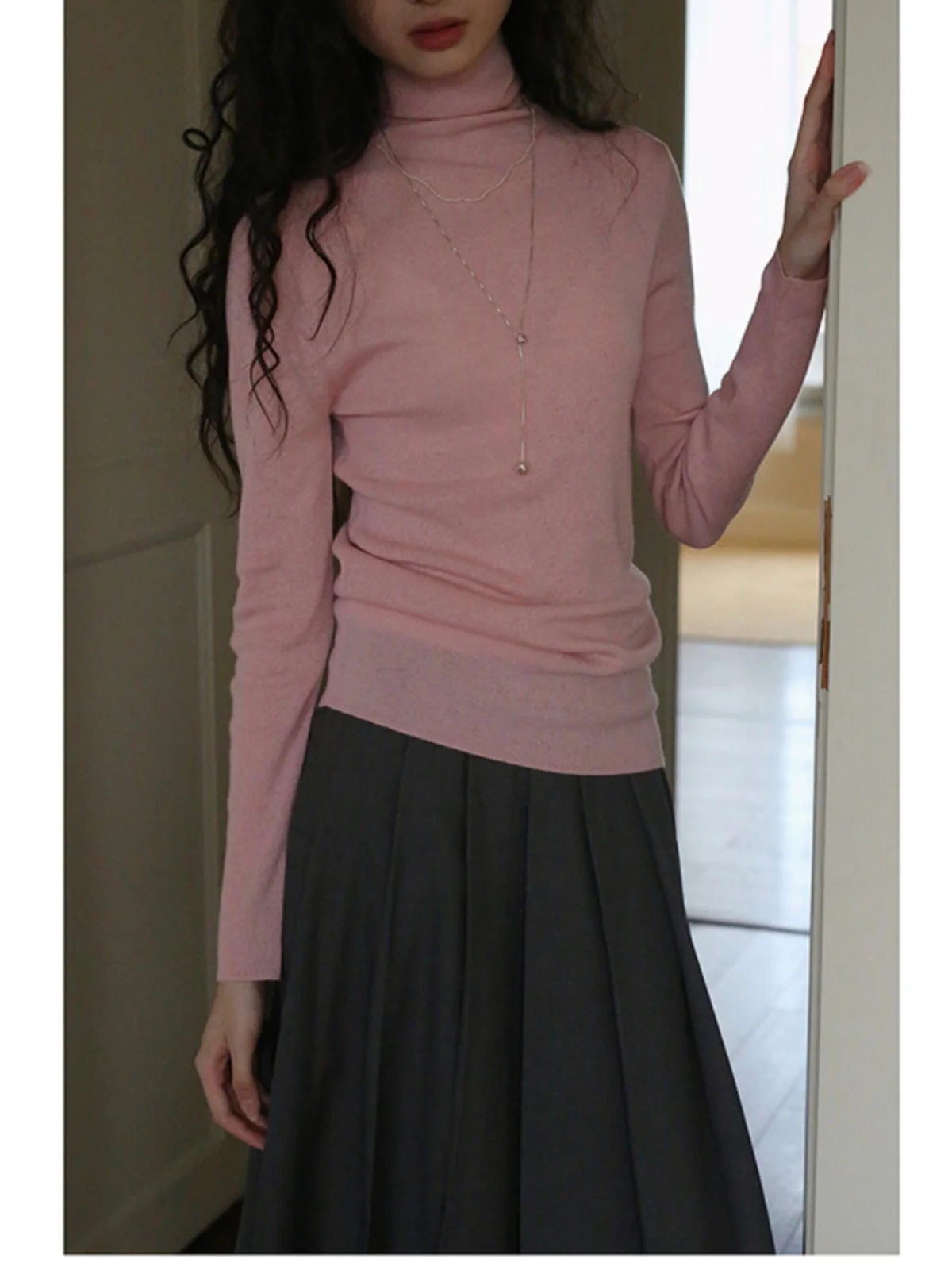 

Slim Fit High Neck Wool Blend Knitted Sweater Commute Versatile Layering Thickened Neck Design Regular Length Long Sleeve