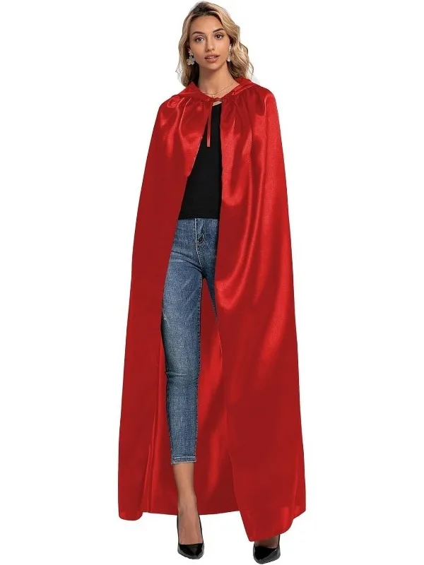 Red Satin loween  Hooded Cloak Cosplay Stage Costume Bright Surface Treaent Women's Ethnic Wear T Top