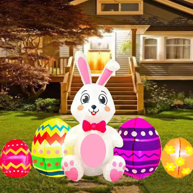 4FT Easter Inflatables Decorations Bunny with Eggs Build-in LED Lights Holiday Blow Up Yard Decoration Easter Holiday Party Toys