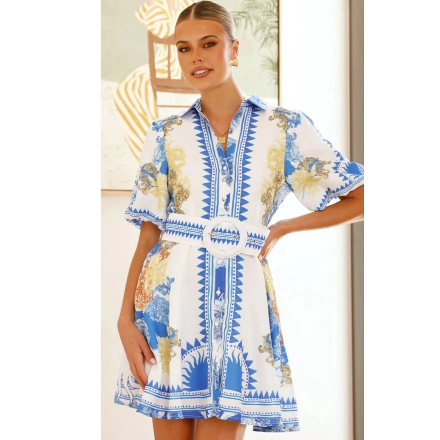 

Women Floral Print Single Breasted Turndown Collar Belt A Line Mini Casual Dress