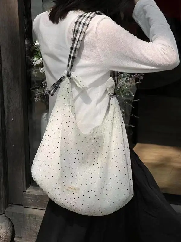 

Polka-dot All-match Canvas Bags Design 2024 Literary New Fresh Commuter Bags Toth Cute Girl One Shoulder Bag Simple Women