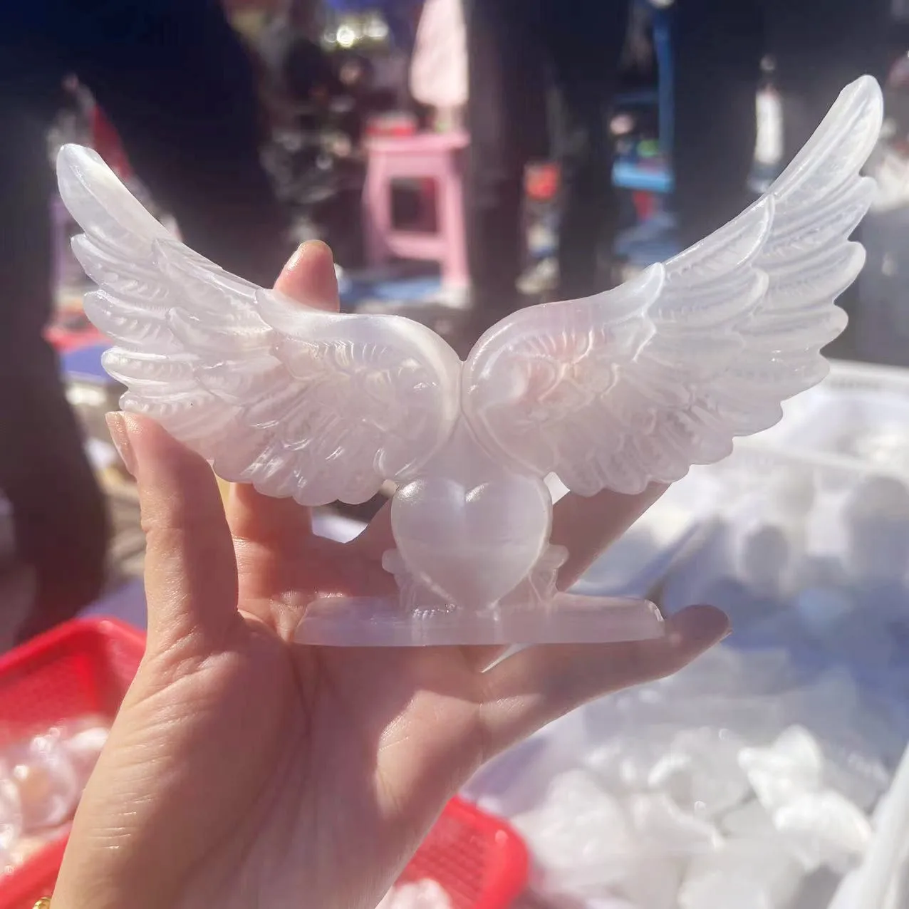 

Natural Crystal Carving Feather Statue White Selenite Angel Wings Crafts Gypsum Home Decoration