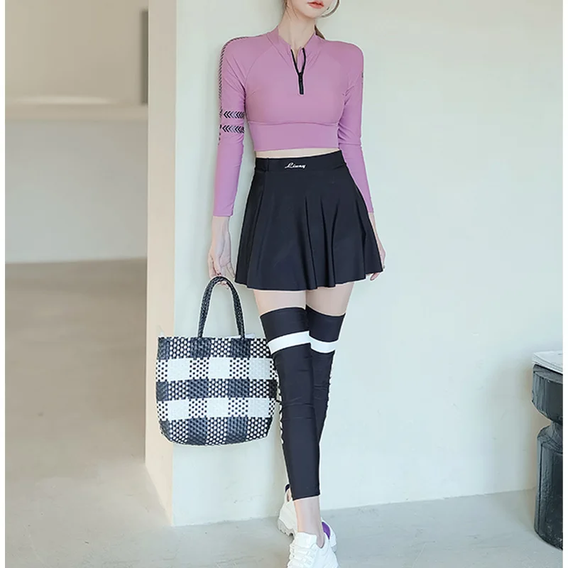 2023 Sporty Stand Neck Zipper Long Sleeved Sun Protection High Waisted Short Skirt Hot Spring Beach Split Conservative Swimsuit