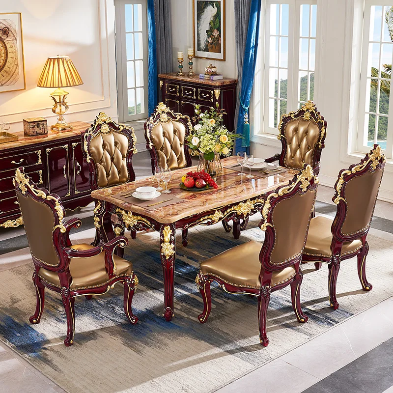 European table French marble table chair combination red sandalwood classical restaurant rectangular American vintage furniture