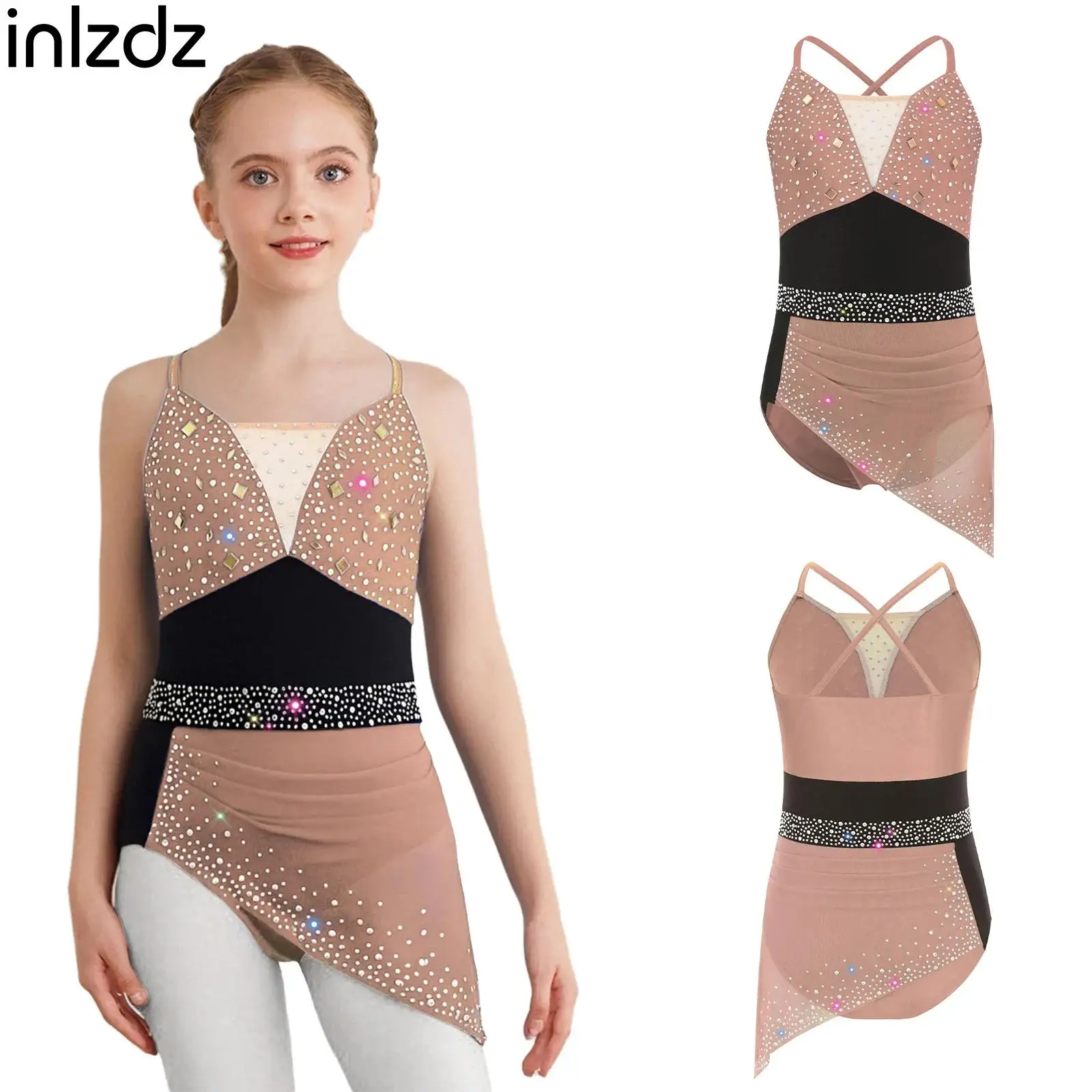 

Kids Girls Rhinestones Ruched Dress Artistic Figure Ice Skating Ballet Lyrical Dance Performance Clothes Child Sparkly Dancewear