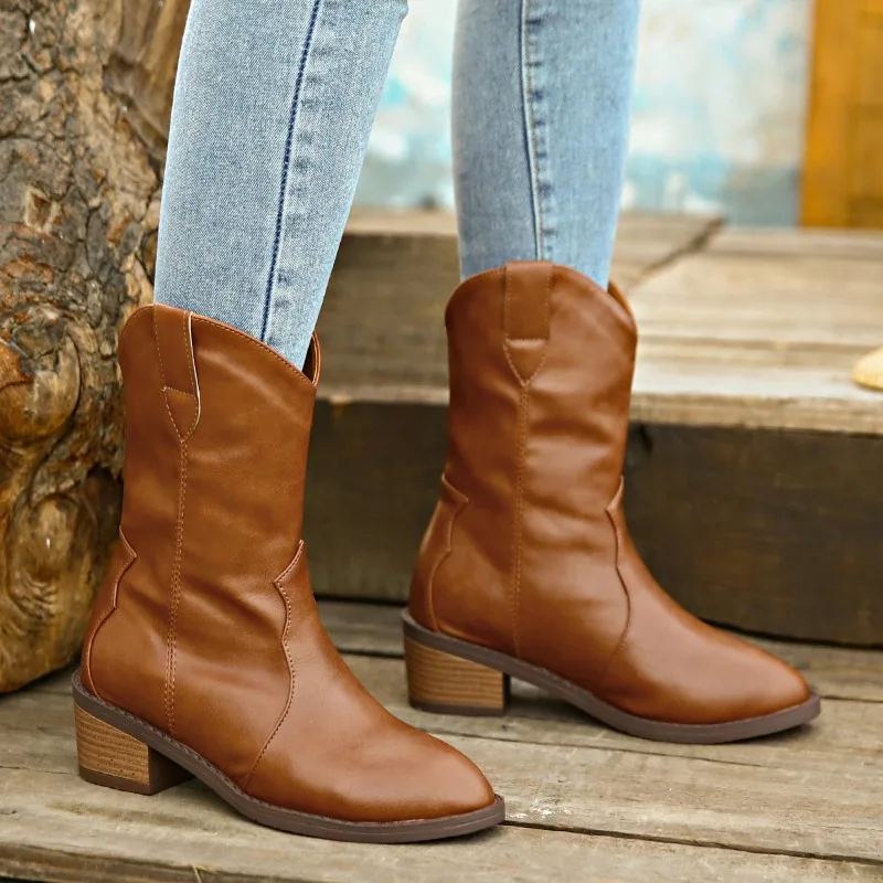 Botas occidentales de punta estrecha para mujer, zapatos de tacón grueso de tubo medio sólido, talla grande, gran oferta, Invierno