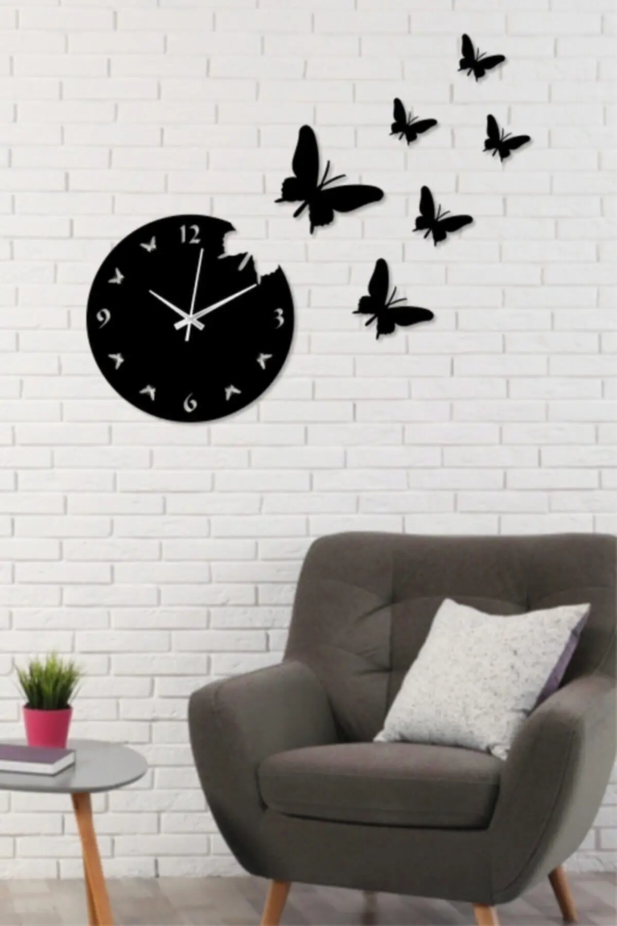 Flying Butterflies Wooden Wall Clock 7 Piece 85x74 Cm