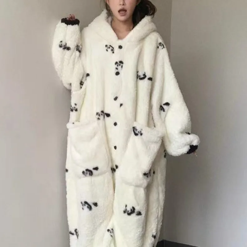 Cute Cartoon Coral Velvet Hooded Onesies Pajamas Kawaii Autumn Winter Thickened Padded Warm Fleece Rompers Sleepwear for Women