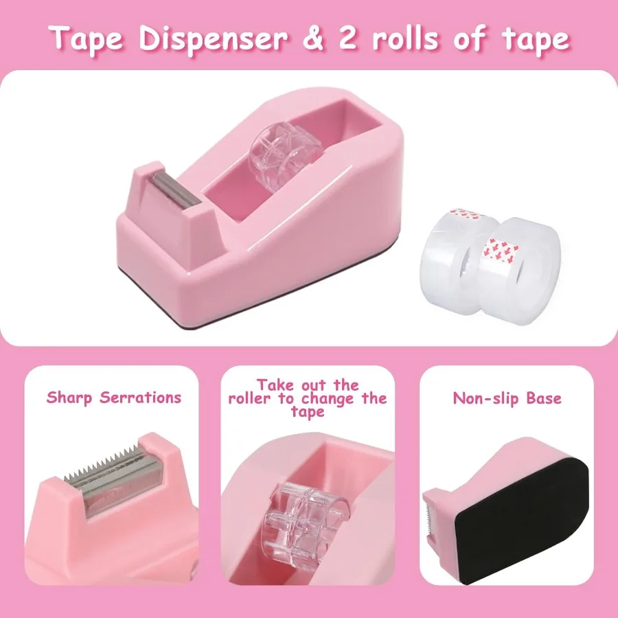 Juego de suministros de oficina rosa, Kit de papelería de 11 piezas: cintas dispensadoras de cinta grapadora, removedor de grapas, Clips de carpeta, alfileres de empuje Stic