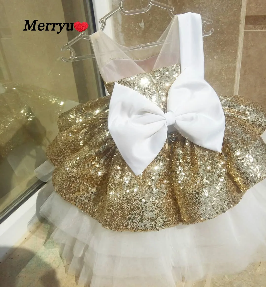 Shinny Sequined Flower Girls Dress for Kids with Belt Toddle Party Gown Layered Tutu Dress Children New Year Dress Clothing