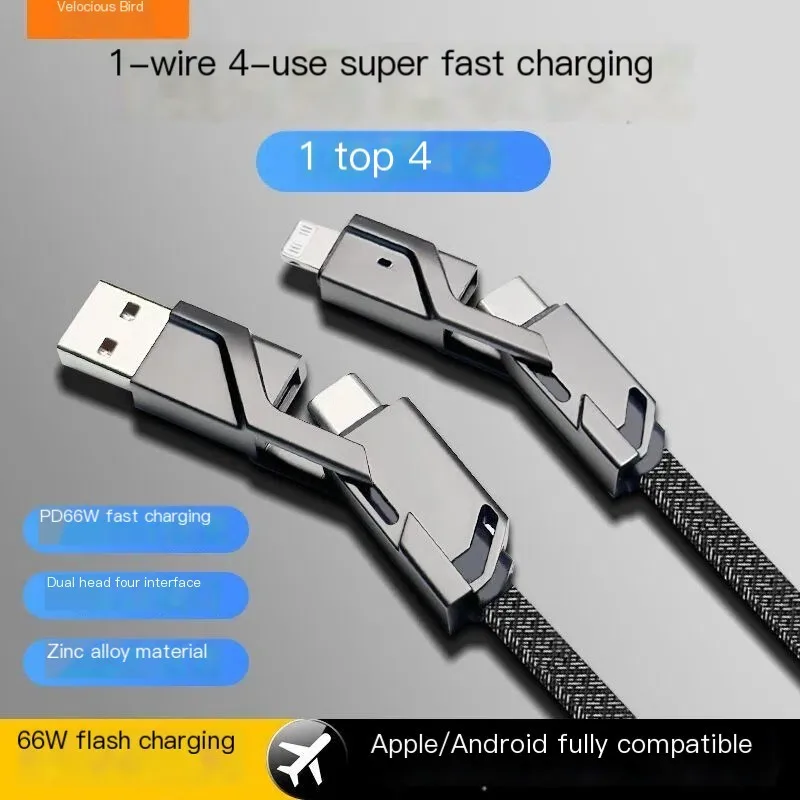 Metal Mecha Style Charge Cord 4-in-1 Support Data Transfermission 60W Super Fast Charging Anti-Tangle Charging Cable Type-C USB