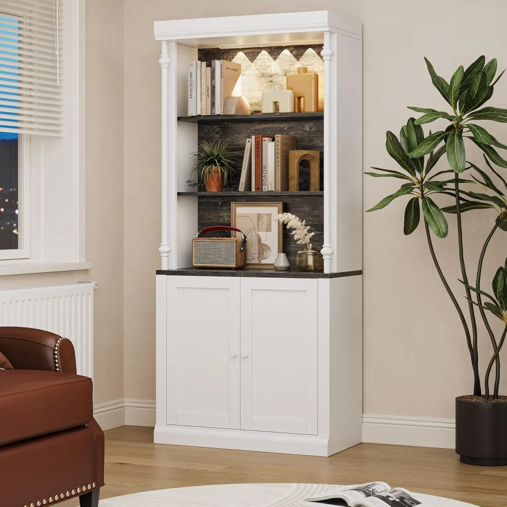 

5-Tier Tall Adjustable Bookcase, Roman Column Bookshelf with Led Light, Open Shelves & Dual-Door Storage Cabinet Design, White