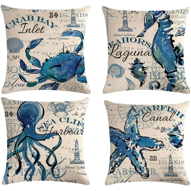 4PC Nautical Sea Life Ocean Theme Throw Pillow Covers Coastal Decor Beach House Bathroom Accent Cushion