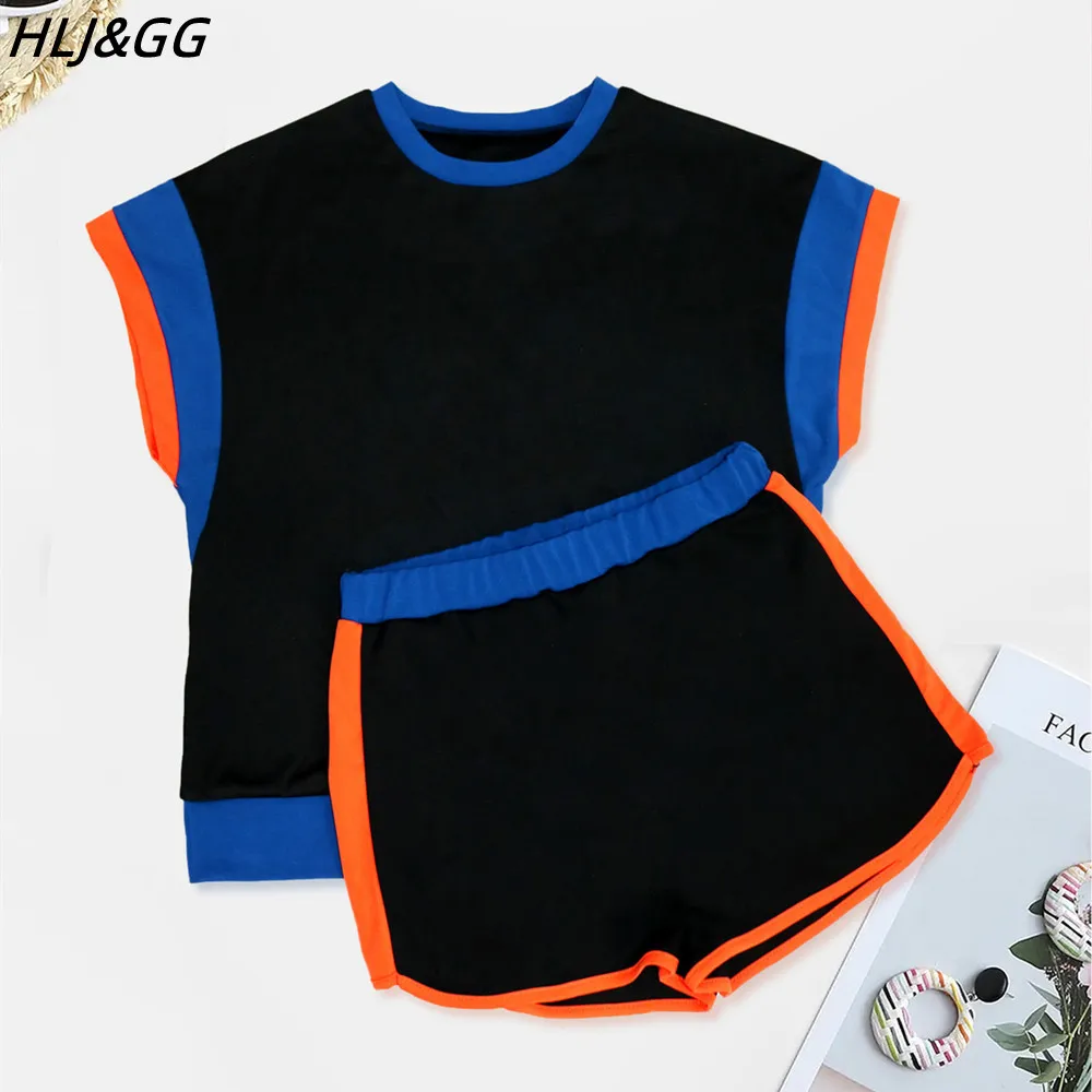HLJ&GG Fashion Color Splicing Shorts Two Piece Sets Women O Neck Tshirts And Shorts Tracksuits Casual Female Sporty 2pcs Outfits