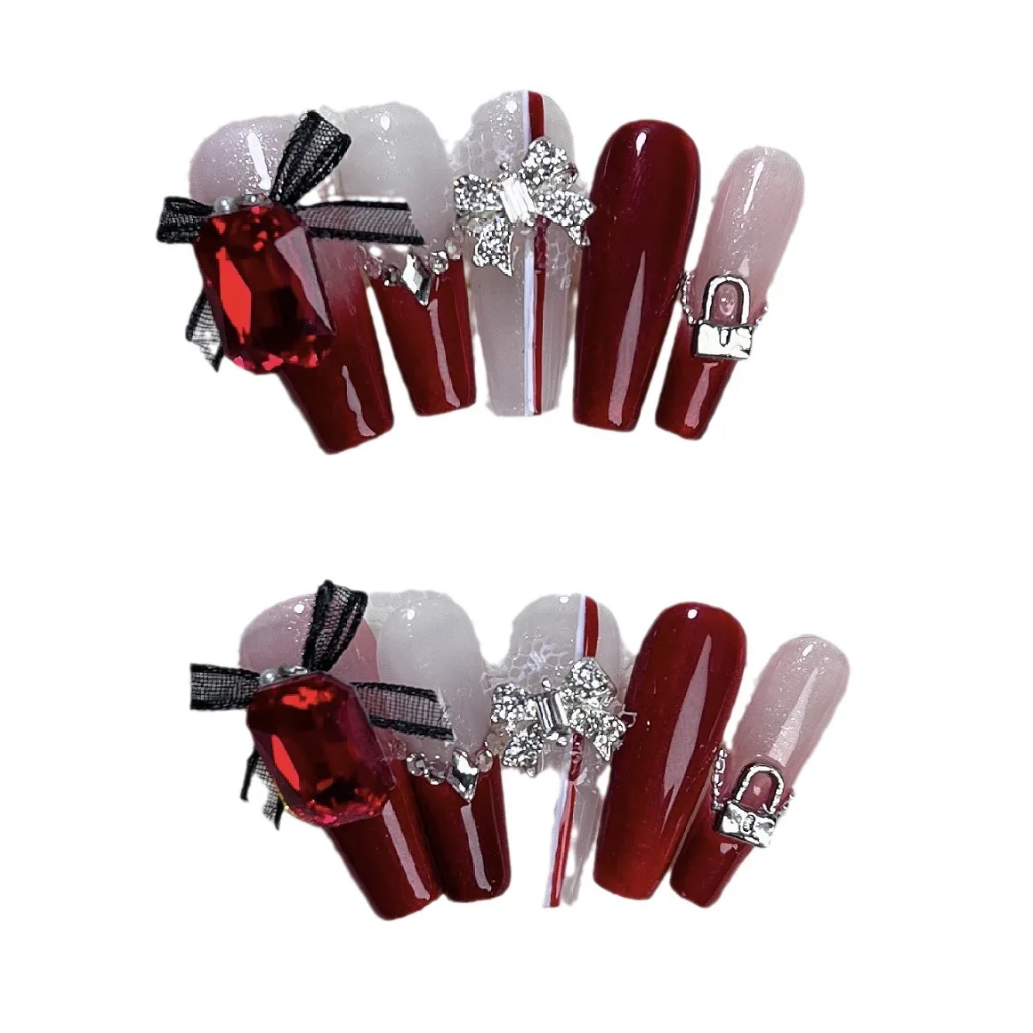 10 pezzi fatti a mano Punk Press on Nail Wine Red Bowknot Decor unghie finte indossabile copertura completa lungo balletto vino rosso punte per unghie finte