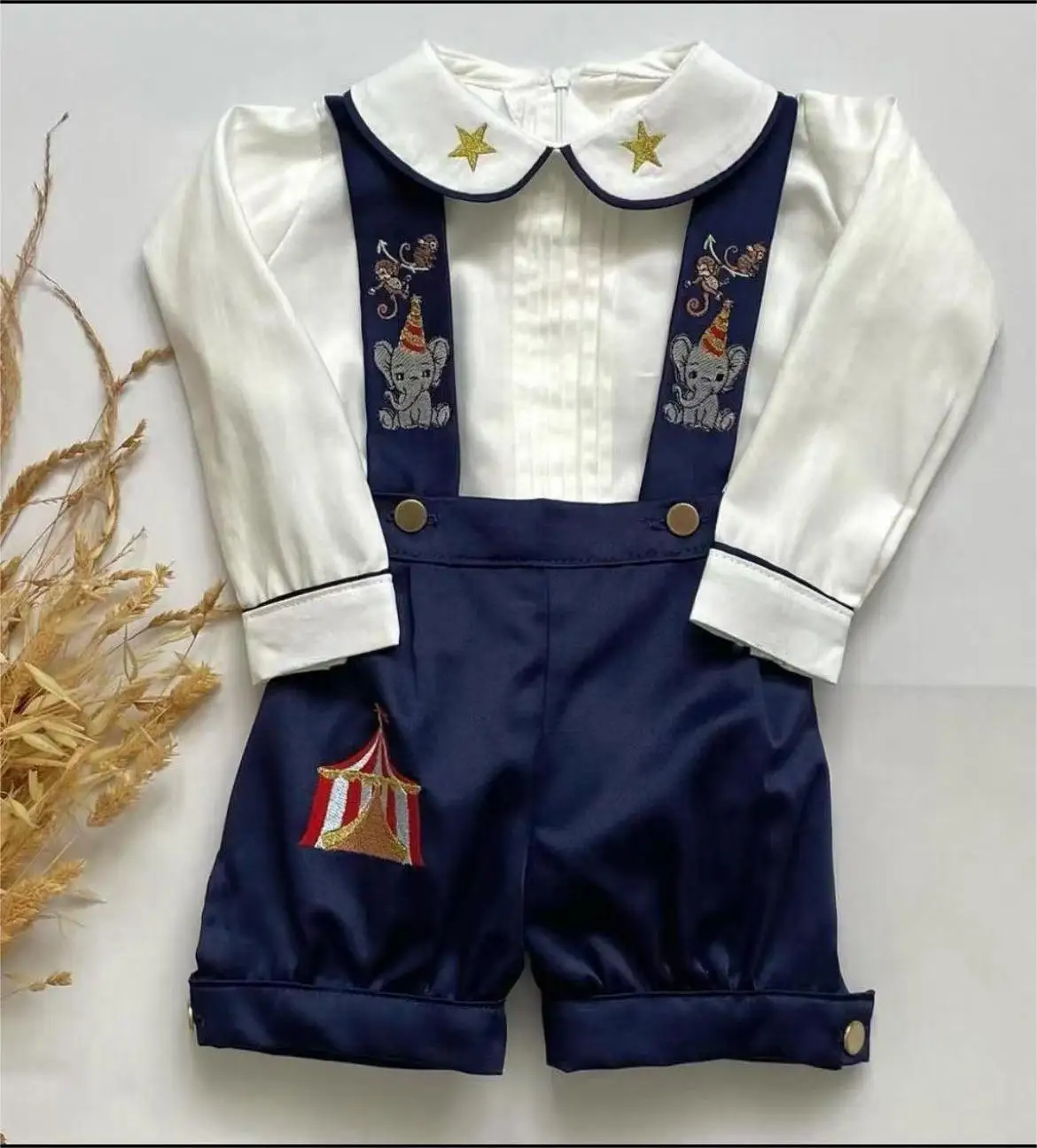 

0-4Y Baby Boy Set Autumn Winter Lion Embroidery Vintage Suit White Skirt Red Shorts for Party Birthday Photography C150