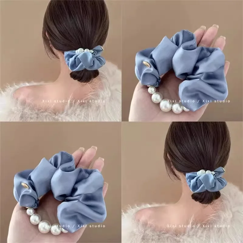 

Retro Pearl Satin Hair Scrunchies Headband Women Temperament Hair Rope Rubber Band Spring/summer Fashion Female Hair Accessories