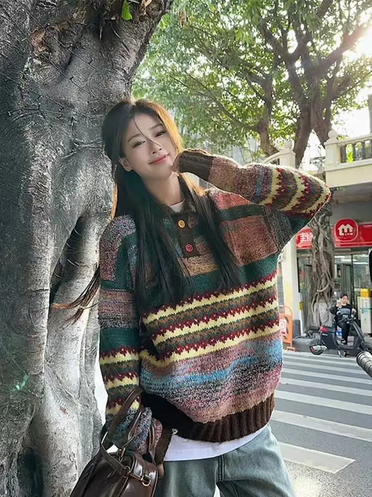 

Свитера с американским принтом, женский свободный повседневный вязаный пуловер, винтажный женский джемпер в консервативном стиле с длинными рукавами, топ в стиле Харадзюку