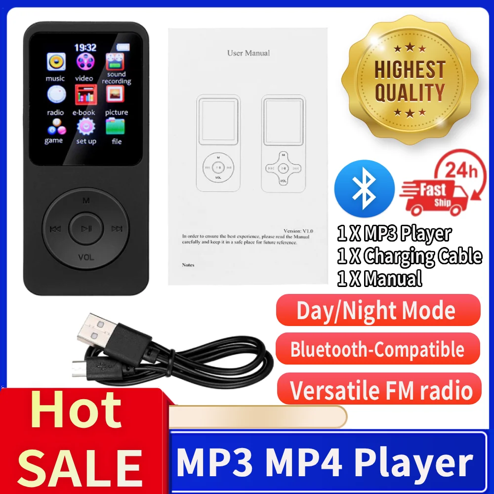 Lettore MP3 MP4 Lettore musicale stereo compatibile con Bluetooth 5.0 Schermo a colori da 1,8 pollici con E-book/Radio FM/Registrazione