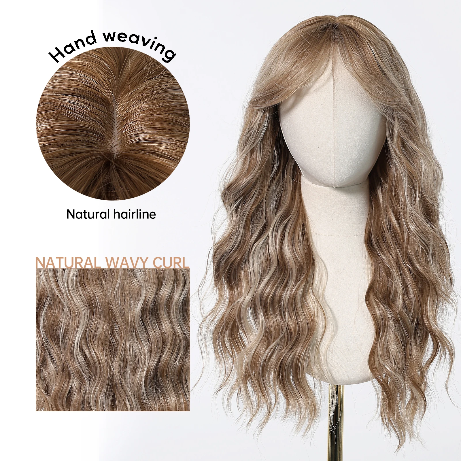 HENRY MARGU Brown Curly Synthetic Wig with Bangs Blonde Highlight Long Wavy Wigs Daily Party Heat Resistant Fake Hair for Women
