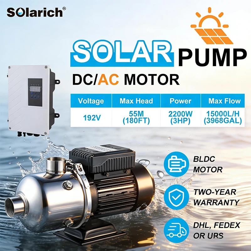 Solar Surface Pump High Flow Rate Stainless Steel 304 Impeller Brushless 192V Motor 3HP Livestock Drinking Agiculture Irrigation