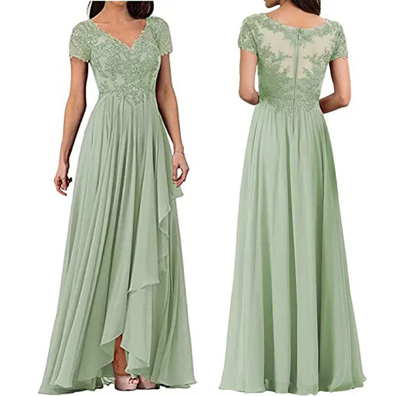 A Line Chiffon V Neck Applique Short Sleeve Mother Of The Bride Dress Outfits Evening Formal Prom Floor Length Zipper Plus Size
