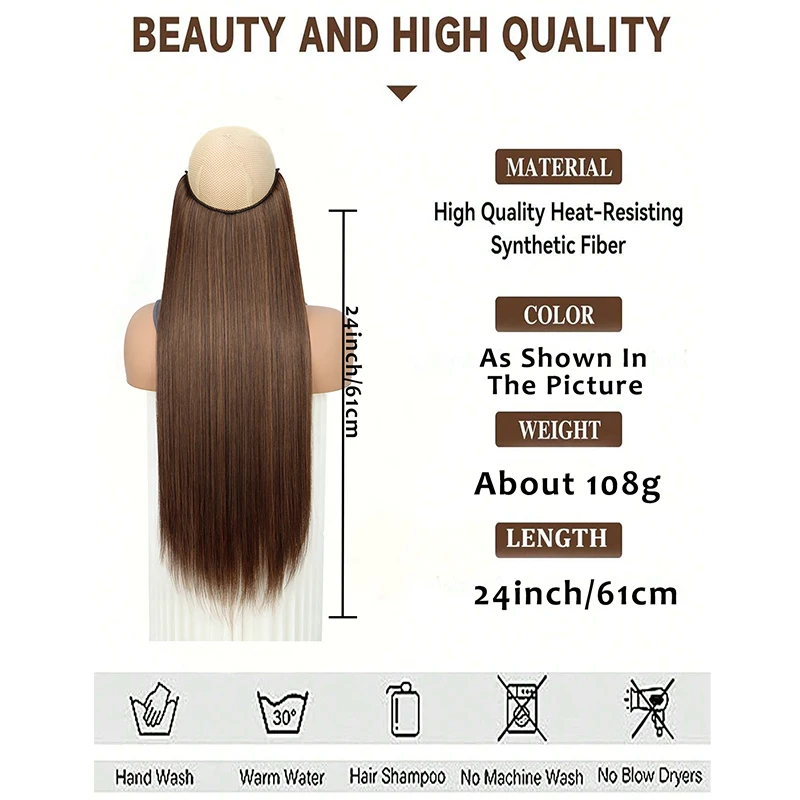 Long Straight Hair Extension with Invisible Synthetic Natural Straight Hairpiece for Women Straight Hair Piece with Fishing Line