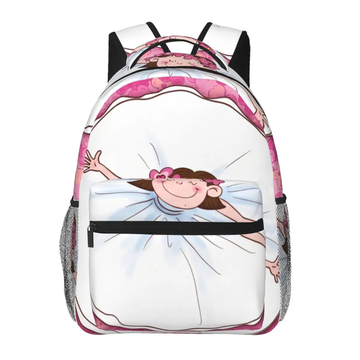 Botanical Aesthetic Backpack Center Smiling Girl Whimsical Floral Pink Multi Fashion Daypack for College Travel Gift Lightweight