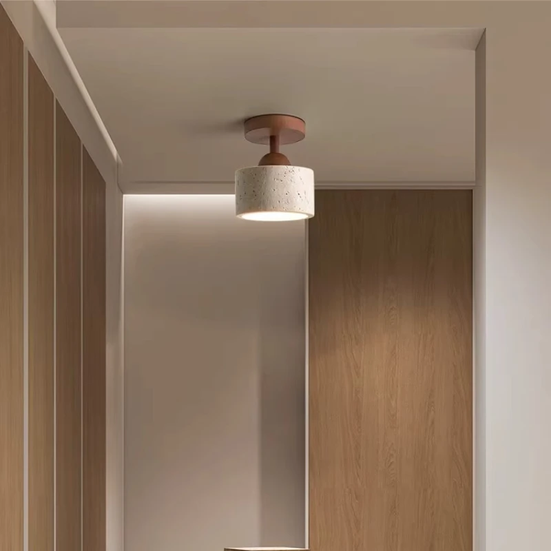 Nordic Wooden Base Ceiling Lights Yellow Travertine Lampshade Living Room Bedroom Kitchen Restaurant Designer Retro Hanging Lamp