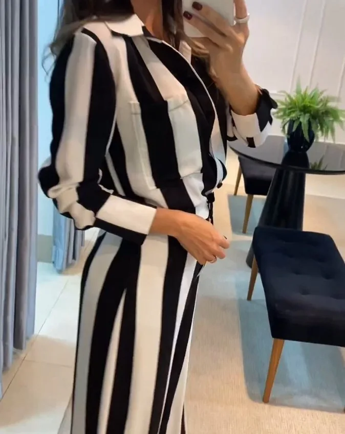 Autumn Fashion Stripe Women\'s Two Piece Sets Casual Turn-down Collar Button Shirt and Long Pants Suit New Loose Commuter Outfits