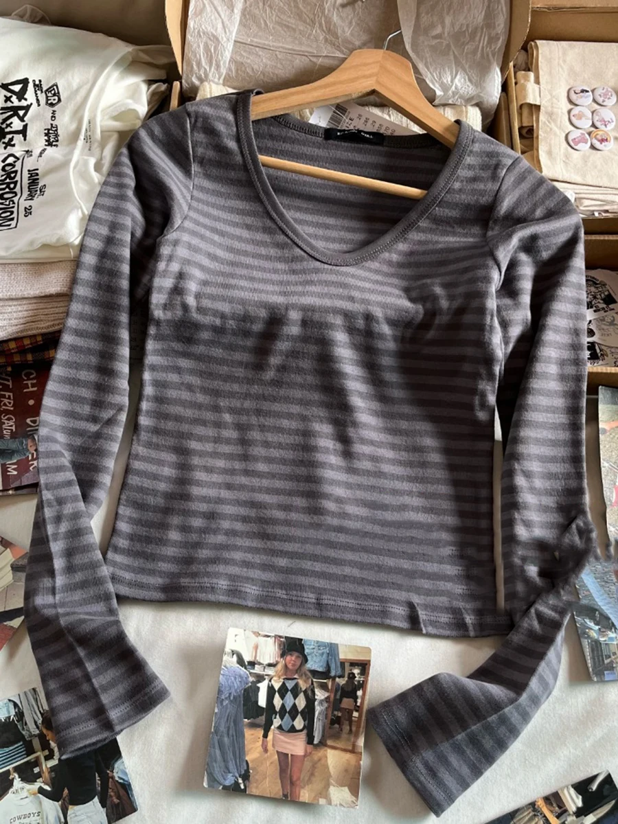 Roze Gestreepte Slanke Lange Mouw Tees Vrouwen Lente Casual Katoenen O-hals T-shirt Nieuwe Tops Kleding Zoete Leuke Vintage T-shirts Y2K