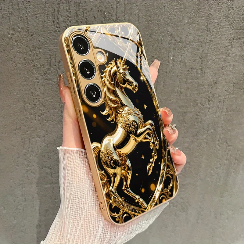 Pattern Golden Horse Pattern Glass Phone Case Suitable for Samsung Galaxy S26 S25 S24 S23 S22 S20 FE/Ultra/Plus Anti Drop