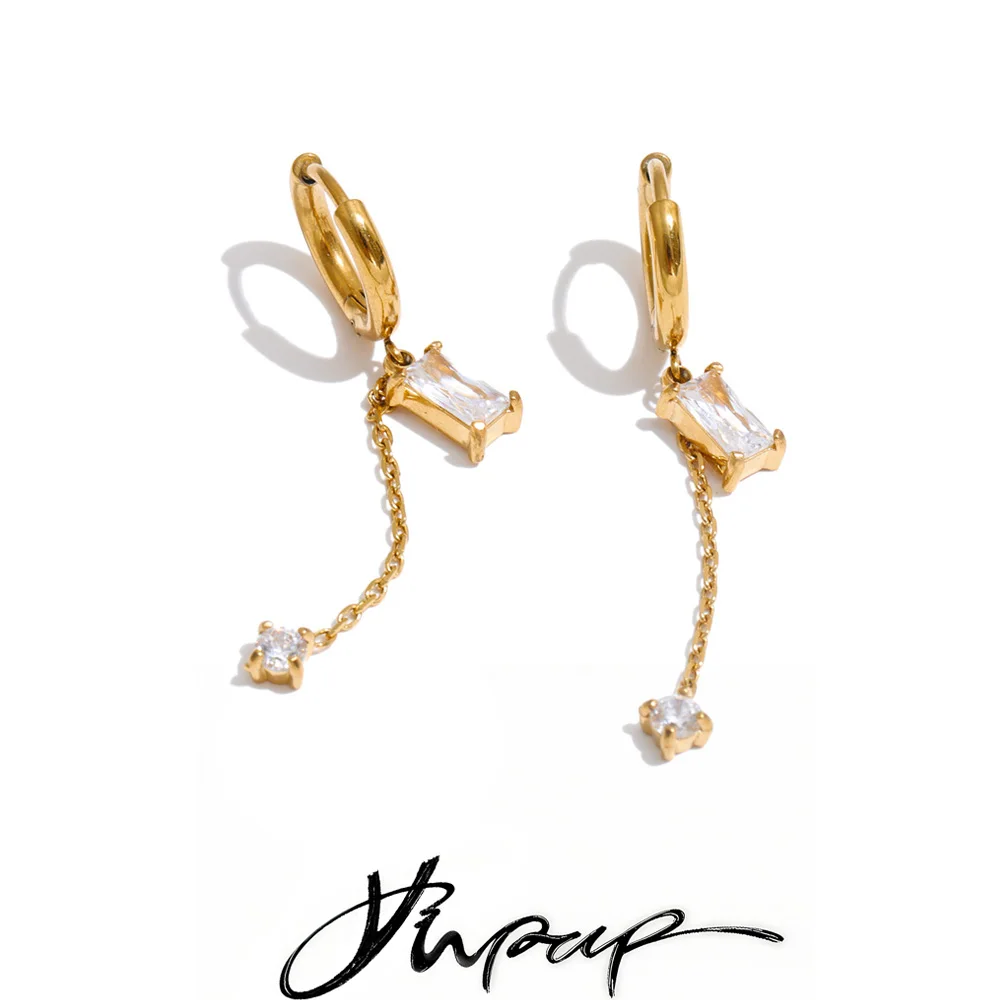 Yhpup Stainless Steel Drop Hoop Earrings for Women Zirconia Long Chain Hanging Temperament Jewelry Party Gift