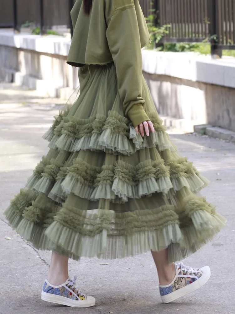 Pinkoz runway designer high waist party luxury vintage French chic  green mesh ruffles cascading layered skirts faldas robe new