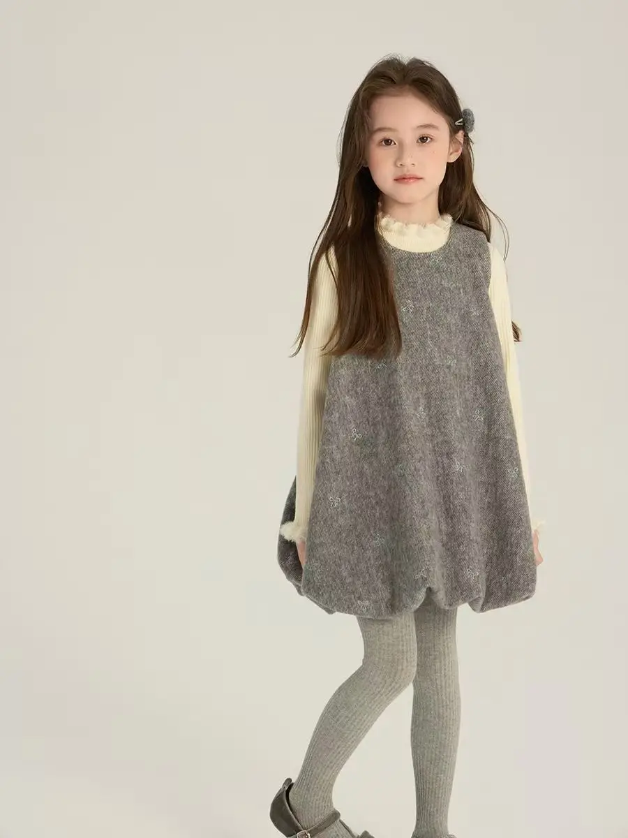 Girls' Korean Version Sweet Bow Vest Dress Mid Size Winter Dress Children's Woolen Flower Bud Dress