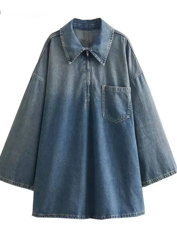 Women Fashion Solid Denim Dress Long Sleeves Female Chic Lady Casual Loose Short Dress Shirt Dresses 2025 New Fashion 0J21