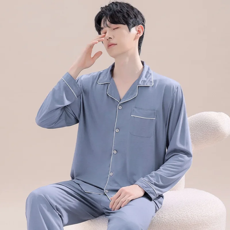 New Men's Sleepwear With Ice Silk And Cool Feeling, Thin Long Sleeved Pants, Home Wear Set That Can Be Worn Outside Pajamas