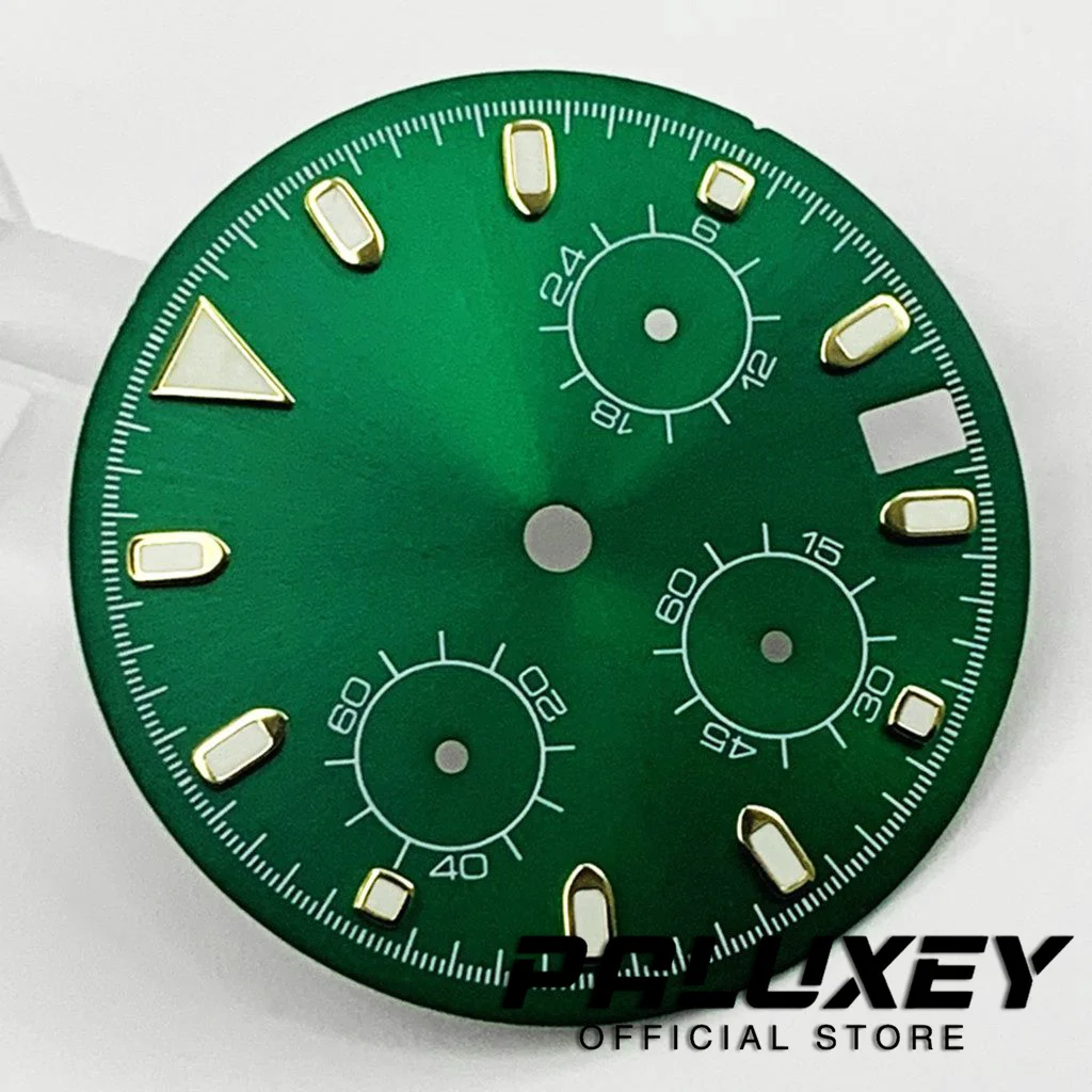 وجه ساعة مضيئة لقطع غيار حركة VK63 ، قرص أخضر معقم ، علامة ذهبية ، Vk63 ، 29.5 مللي متر