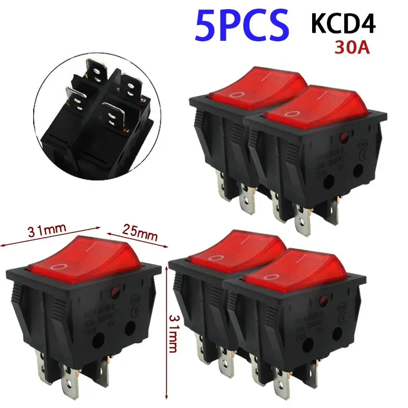 

5PCS 30A 250V Heavy Duty KCD4 Rocker Switch ON Off DPST 4 Pin With Red Lighted 220V Toggle Switch T125