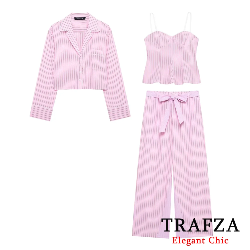 

TRAFZA Women Office Lady Pink Striped Set Lace-UP Lapel Pockets Top Belted Pants Set New 2025 Spring Summer Fashion Casual Set