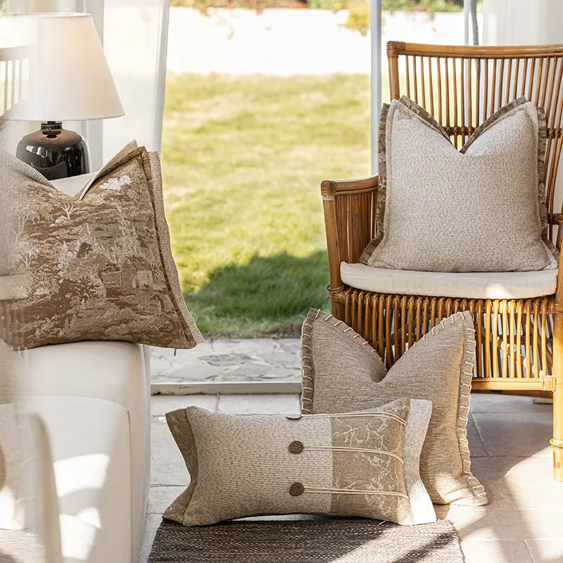 Luxury Neutral Textured Throw Pillow Cover Vintage Toile & Woven Cushion Modern Farmhouse Decorative Pillows For Sofa Home Decor