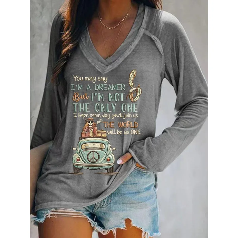 Ilstile Women's Hippie Letter Print T-Shirts Autumn Summer Long Sleeve Casual Loose V Neck Tops Black Tees NEW