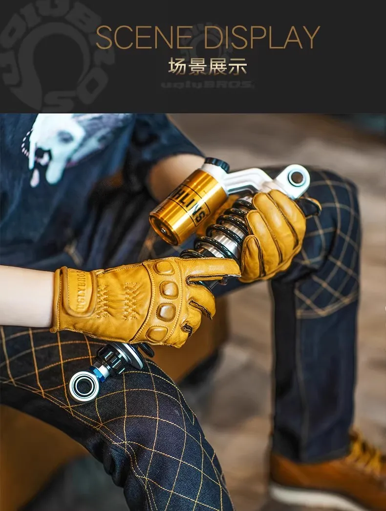 Uglybros Genuine Goat Leather Retro Motorcycle Gloves Full Finger Summer Breathable Knuckle Protection Riding Race Gears