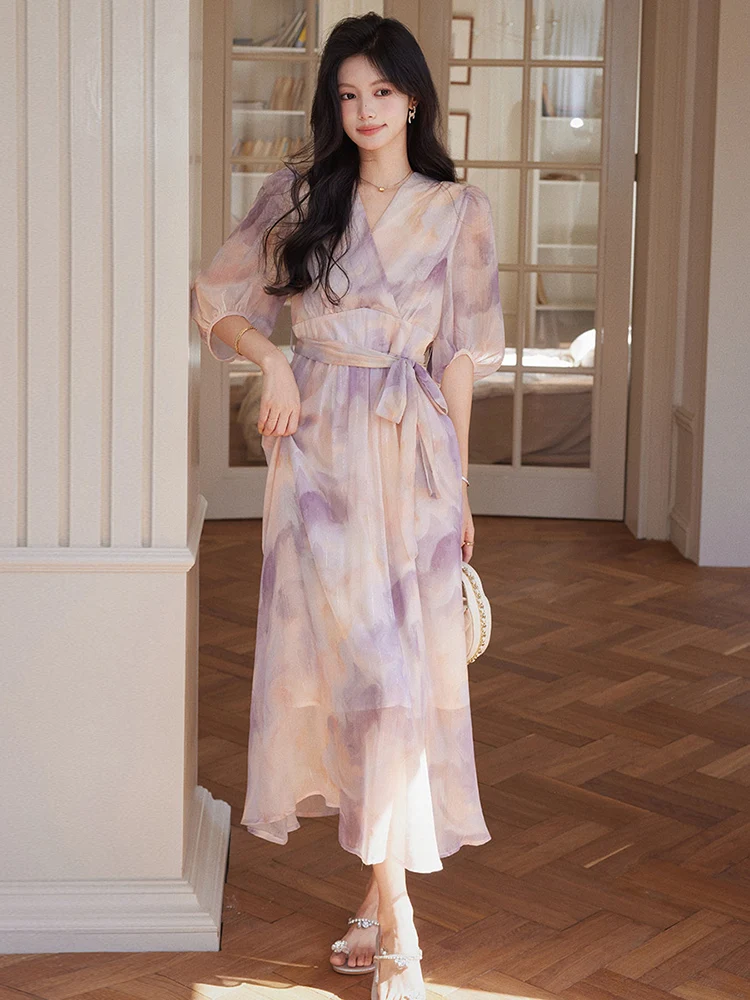 花柄Aラインロングドレス レディース 夏 2026 新作 ウエストシェイプ エイジレス エレガント Vネック ガウン 通勤 レディライク