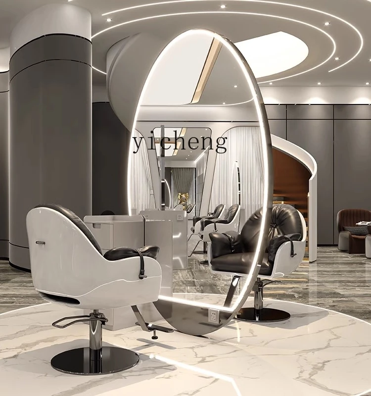 ZC Floor Mirror Hairdressing Dressing Table Barber Shop Mirror Stainless Steel Single Double-Sided Large round Mirror