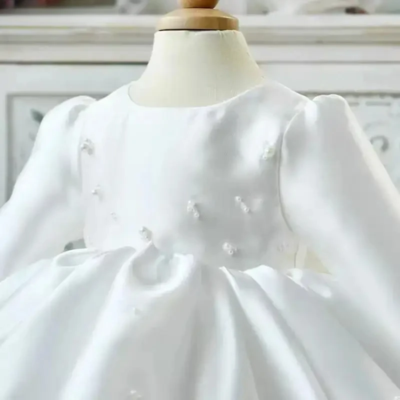 2024 Elegante Perline Bianco Battesimo Compleanno Neonati Abiti da damigella d'onore per bambini piccoli Abiti da ragazza di fiori abbinati Vestido